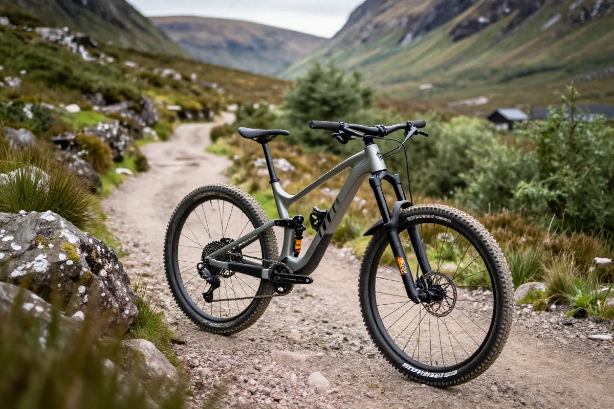 Nowoczesny rower górski na trasie MTB w Szkocji, otoczony zielenią.