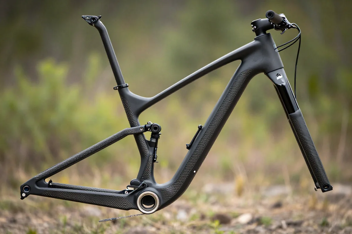 Nowoczesna rama roweru górskiego z karbonu termoplastycznego, podkreślająca innowacje w MTB.