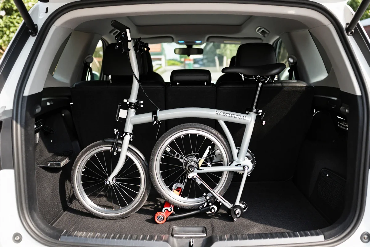 Złożony rower w bagażniku samochodu, idealny do transportu wewnętrznego.