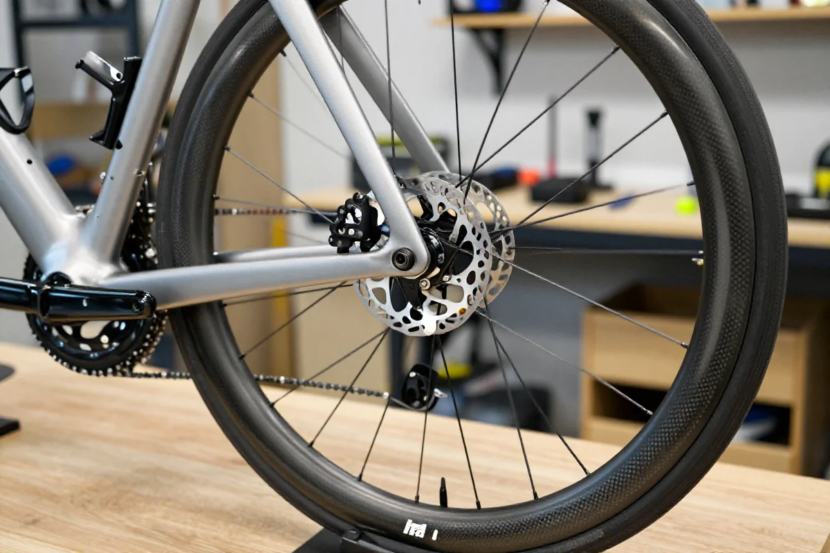 Szczegóły osprzętu roweru szosowego, w tym hamulce i układ napędowy.