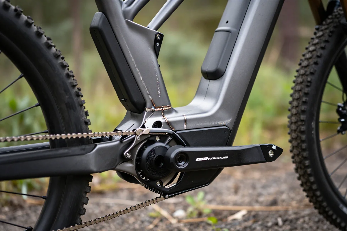 Szczegółowy widok używanego roweru elektrycznego górskiego e-MTB z bliska.