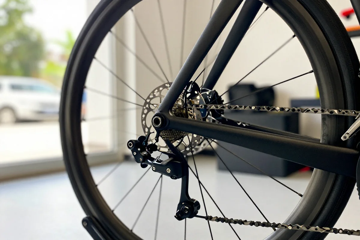 Inspekcja hamulców i kół roweru szosowego w dobrze oświetlonym garażu.