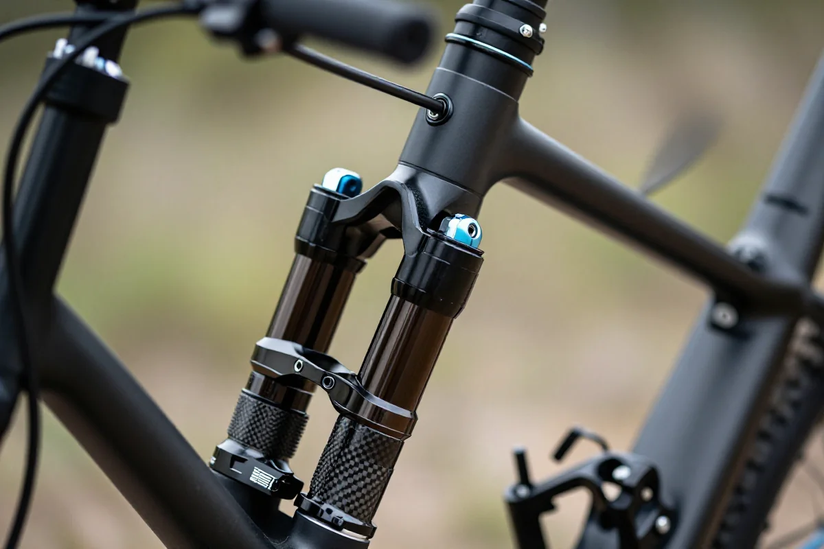 Zbliżenie na sztycę przesuwaną w rowerze górskim, pokazujące szczegóły techniczne.