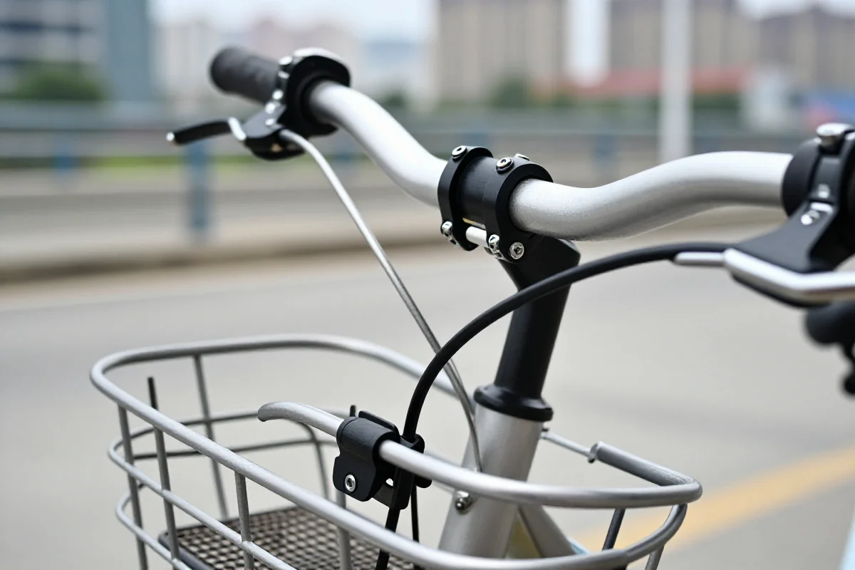 Kosz na kierownicę roweru miejskiego z detalami montażu w miejskim otoczeniu.