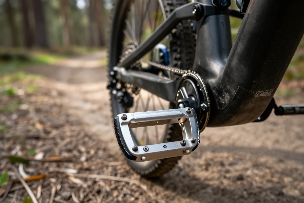 Pedały platformowe zamontowane na rowerze górskim na szlaku