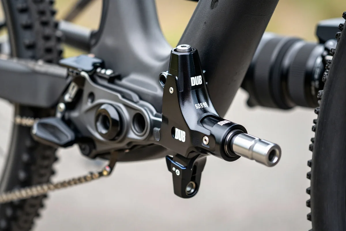 Instalacja suportu DUB w rowerze górskim, bliskie ujęcie z narzędziami.