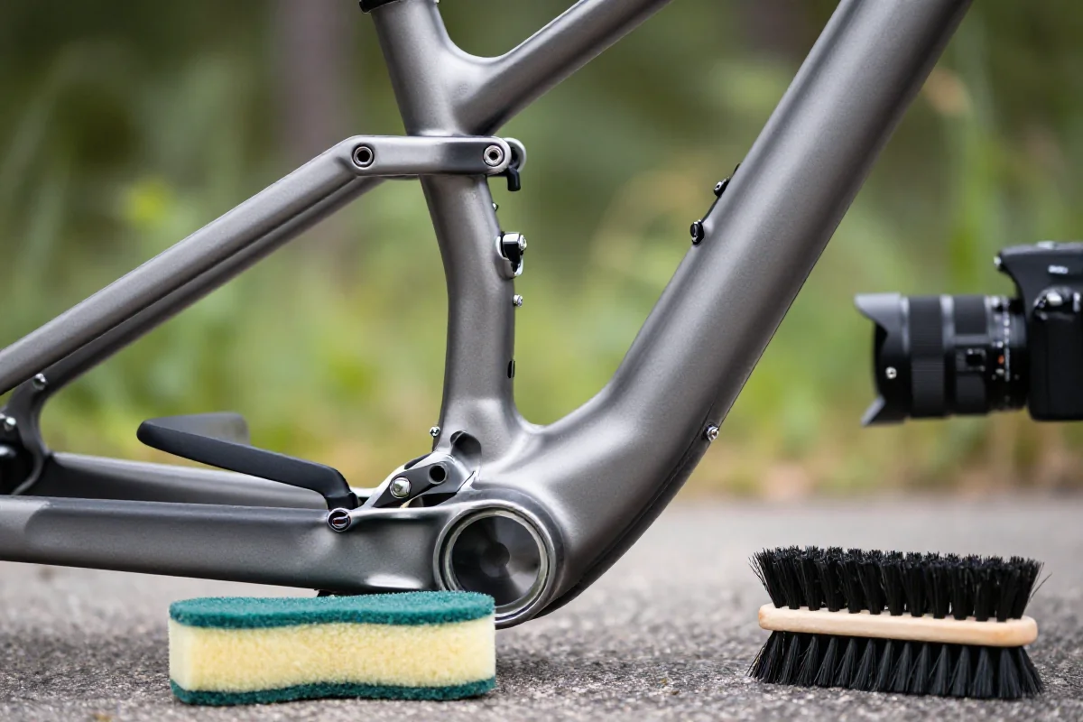Czyszczenie ramy roweru górskiego w naturalnym otoczeniu
