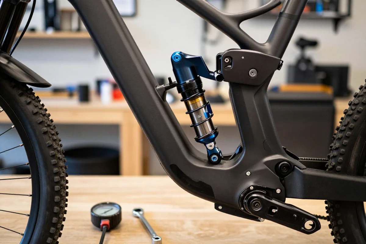 Szczegółowy widok systemu zawieszenia roweru MTB z narzędziami do setupu
