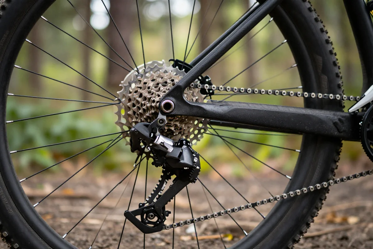 Szczegóły układu przerzutek roweru górskiego na trasie MTB.