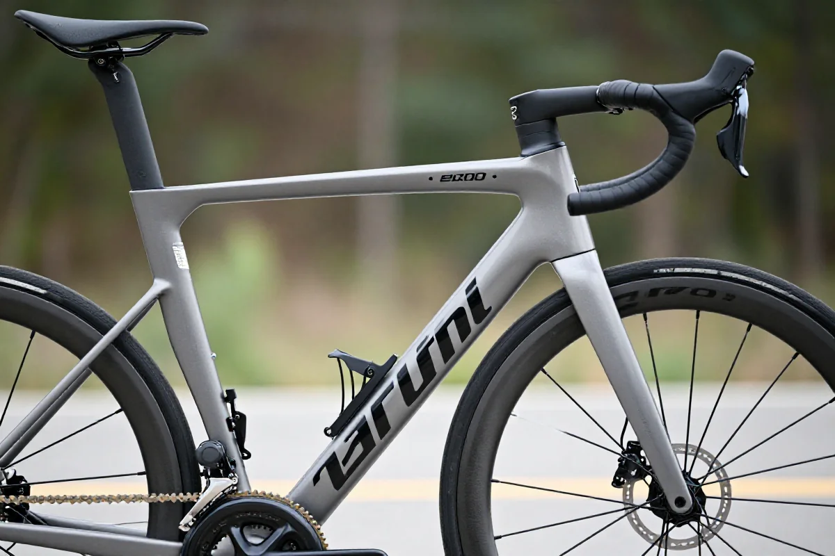 Nowoczesny rower szosowy z zintegrowanymi komponentami i aerodynamiczną ramą.