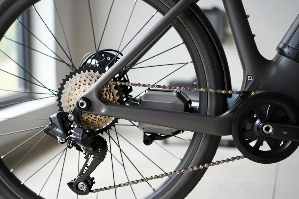 Szczegółowe zdjęcie układu napędowego roweru elektrycznego, pokazujące integrację silnika i przerzutek.