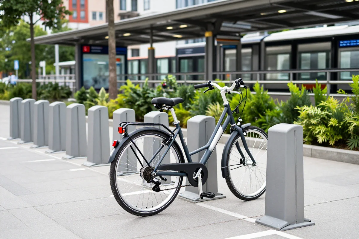 Nowoczesny parking rowerowy w mieście blisko transportu publicznego.