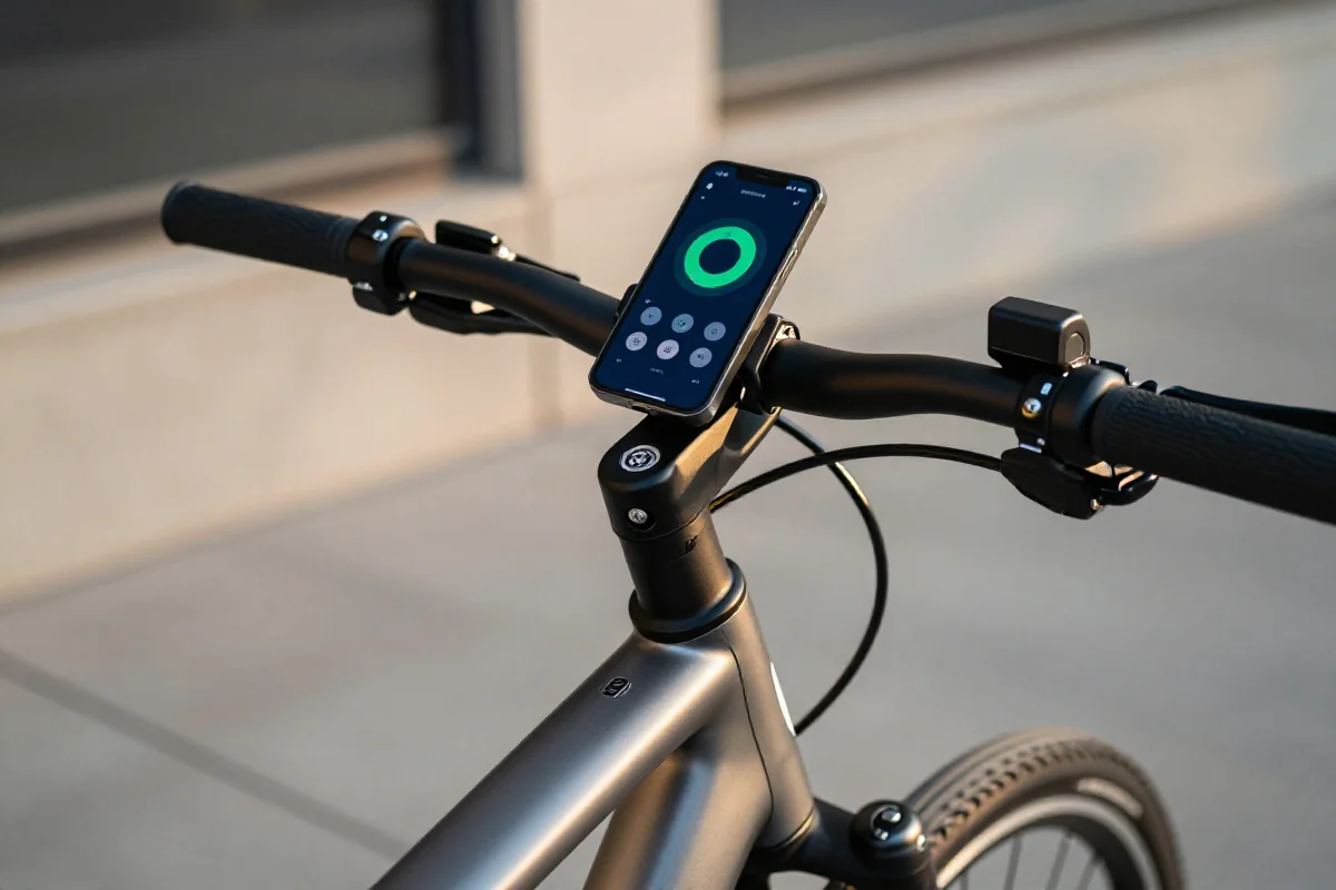 Nowoczesny rower elektryczny z aplikacją na smartfonie na kierownicy.