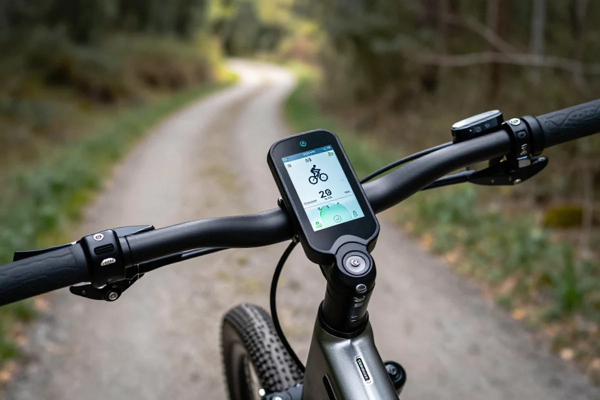 Ekran roweru elektrycznego z aplikacją do nawigacji i analizy jazdy.