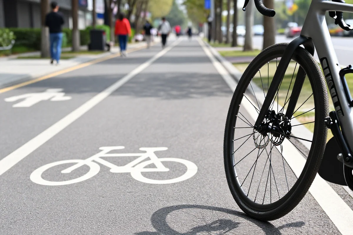 Wspólna ścieżka pieszo-rowerowa w mieście z nowoczesnym rowerem.