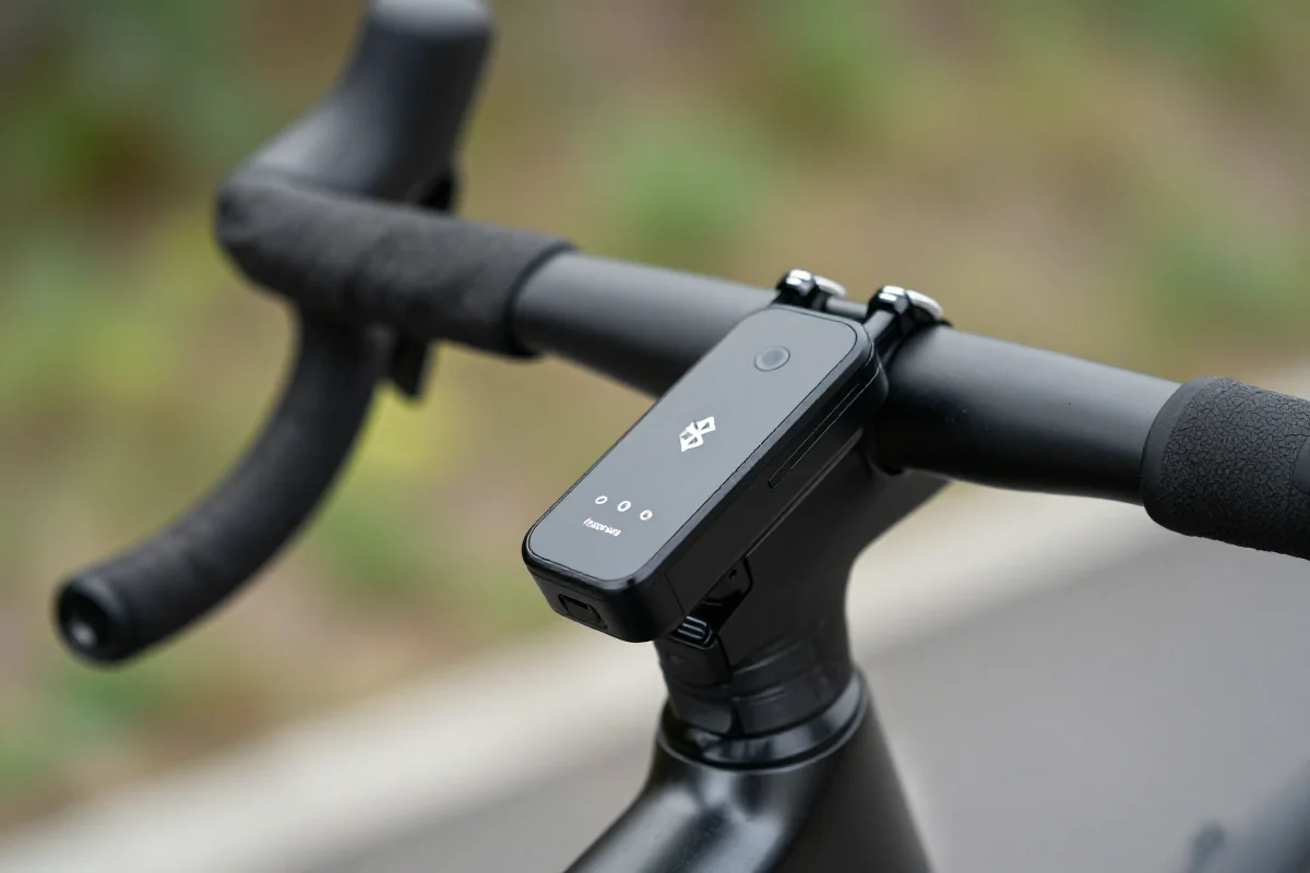 Nowoczesny system intercomu rowerowego zamontowany na kierownicy roweru.