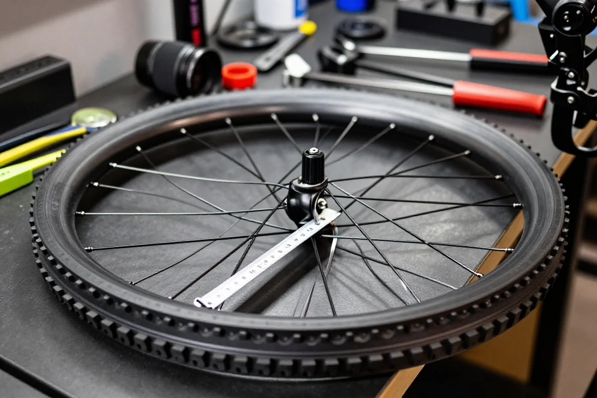 Pomiar szerokości wewnętrznej obręczy roweru górskiego na warsztacie