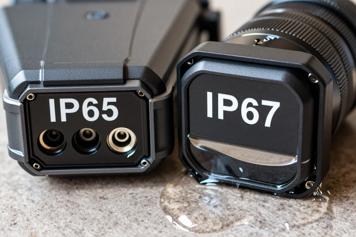 Porównanie urządzeń IP65 i IP67, pokazujące ich odporność na wodę i kurz.