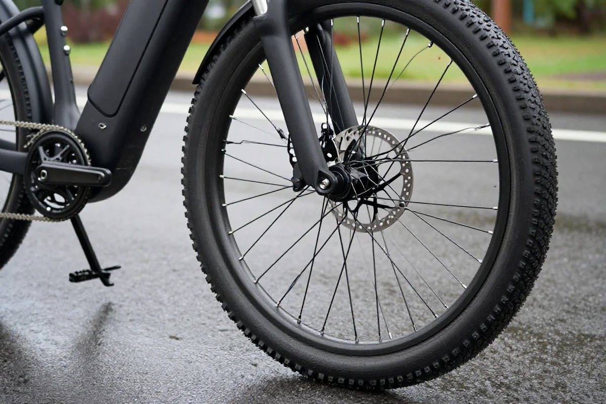 E-bike z hamulcami tarczowymi na mokrej drodze, idealna do jazdy w deszczu.