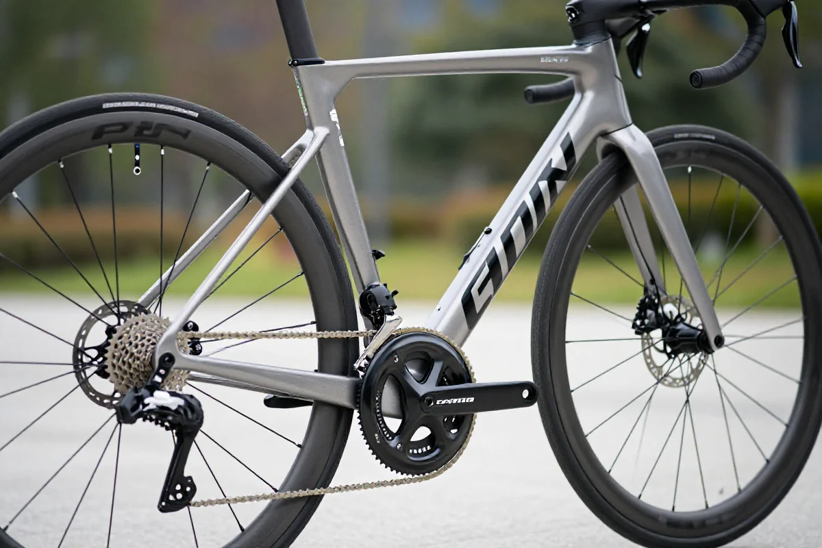 Nowoczesny rower szosowy z detalami komponentów i ramy.