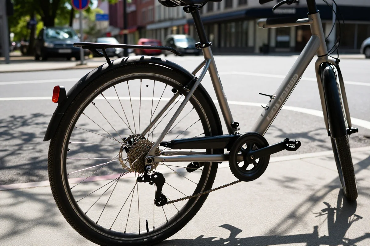 Bliski widok na rower miejski przy małym rondzie, pokazujący detale komponentów.