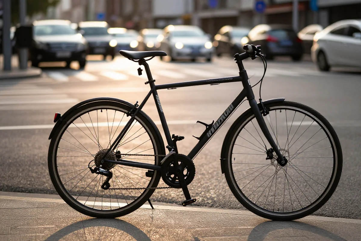 Rower przy rondzie w miejskim otoczeniu, techniczne detale, bezpieczeństwo rowerzystów.