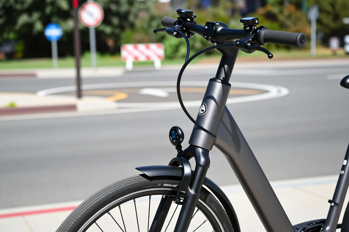 Blisko e-bike'a z widocznymi hamulcami hydraulicznymi przy rondzie.