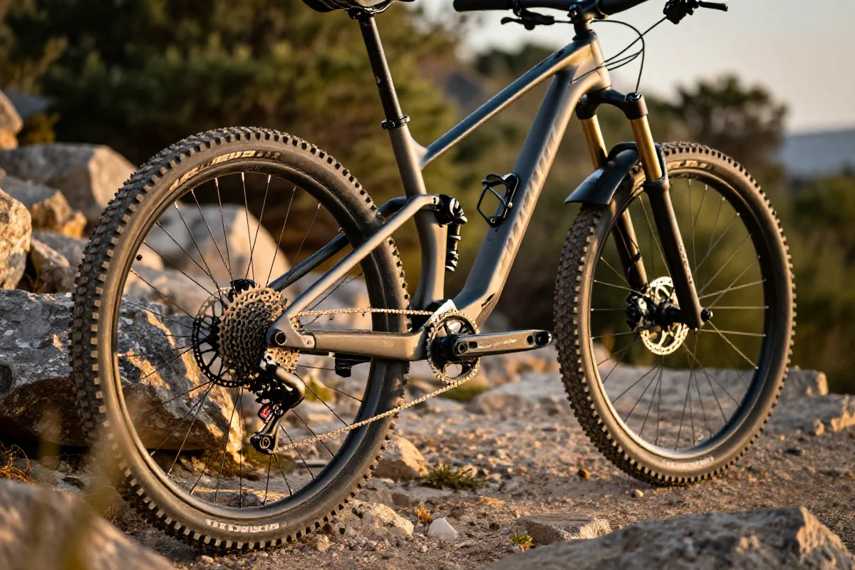 Rower górski na szlaku, z bliska, ukazujący detale ramy i kół.