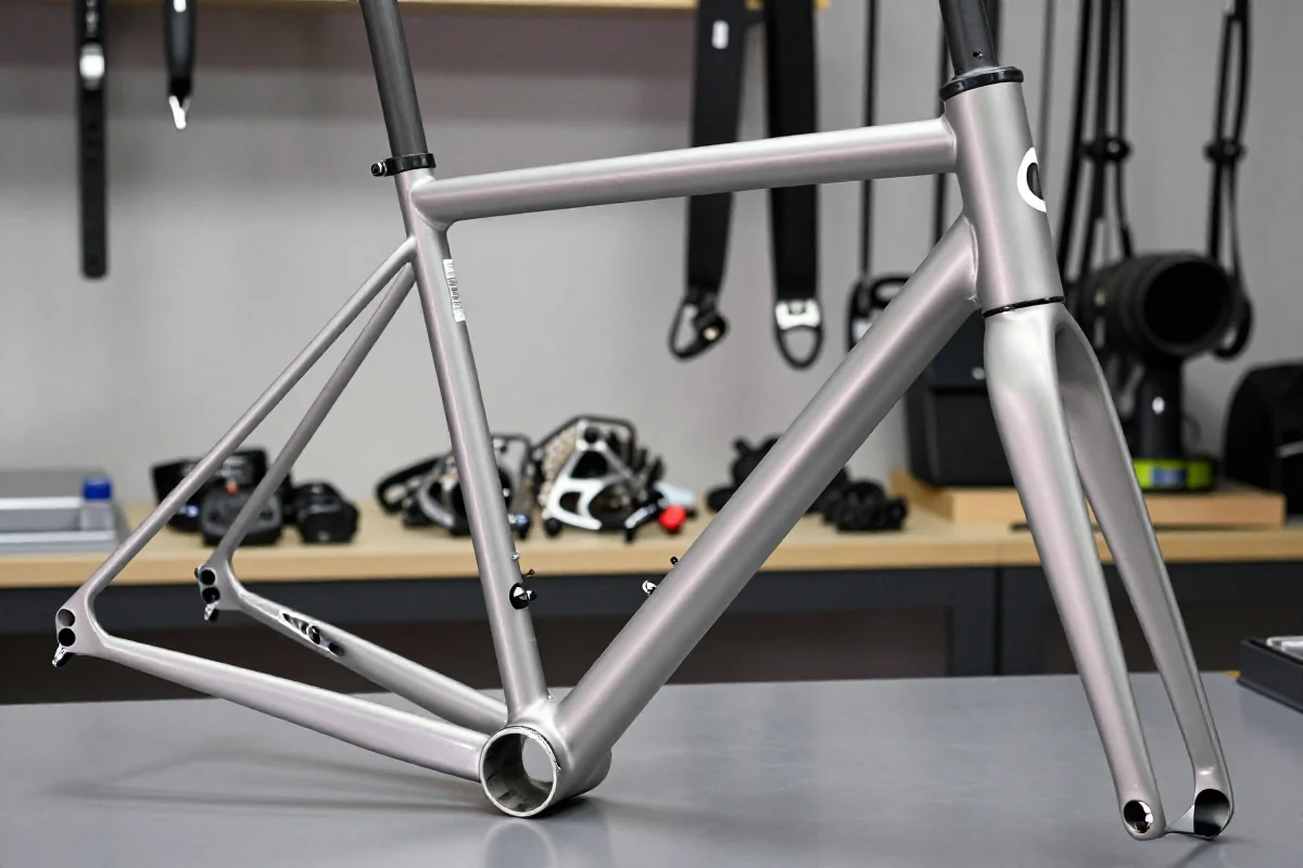 Szczegółowy widok ramy rowerowej w warsztacie rowerowym, rowery i akcesoria.