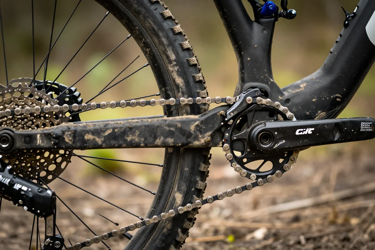 Zbliżenie na łańcuch roweru enduro w trudnym terenie