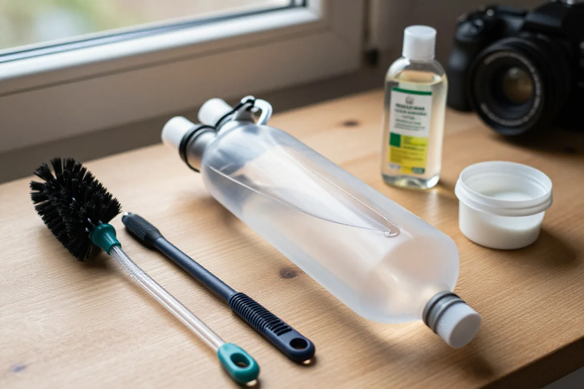 Bukłak rowerowy i narzędzia do czyszczenia na drewnianym stole.