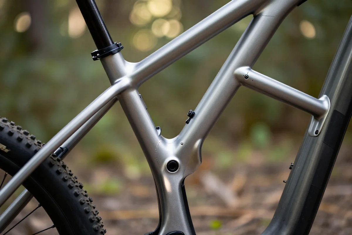 Szczegóły aluminiowej ramy roweru górskiego MTB w naturalnym otoczeniu.