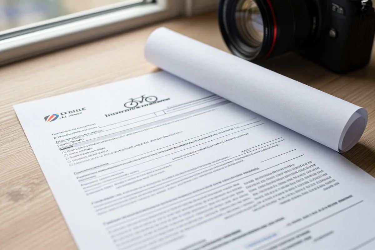 Szczegóły polisy ubezpieczeniowej dla rowerzystów na drewnianym stole.