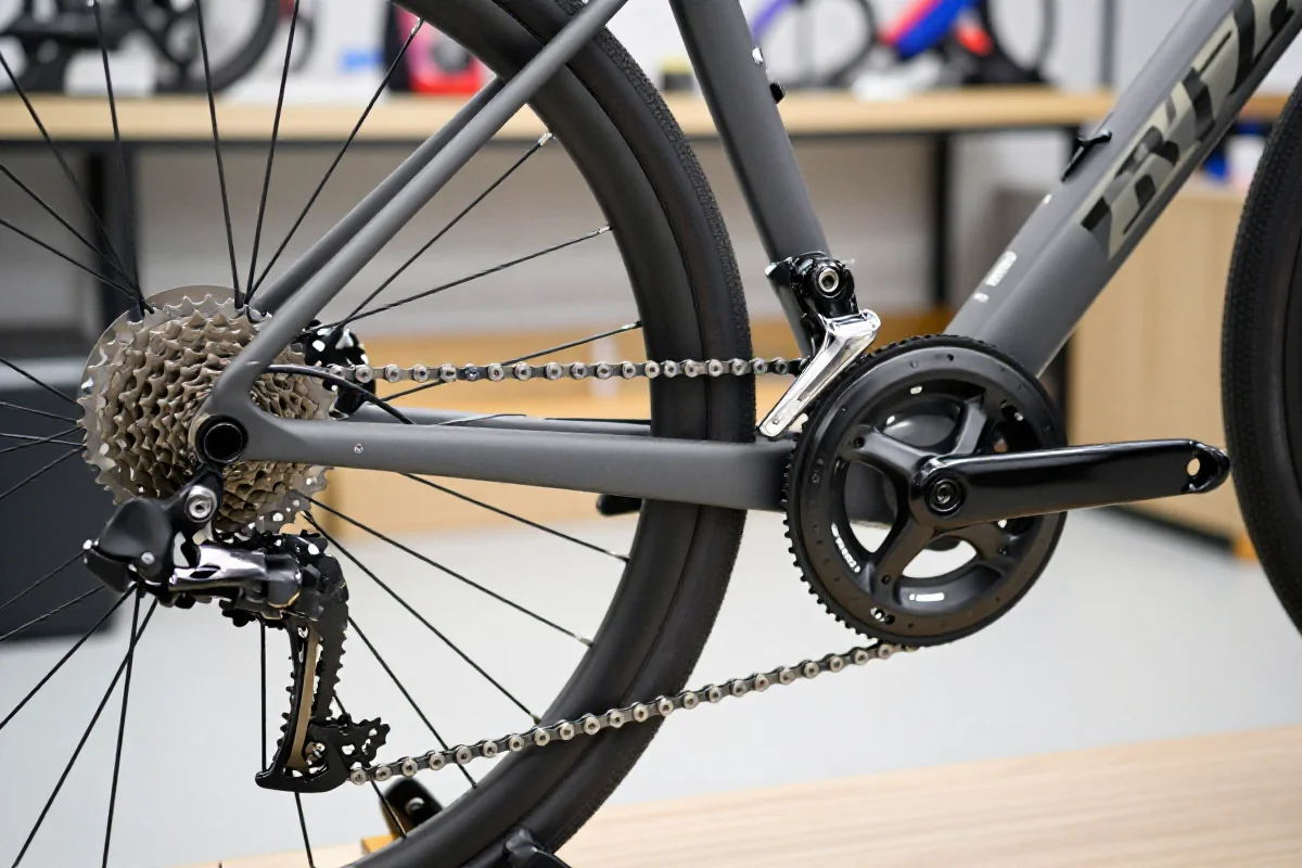 Zbliżenie na ramę roweru i system przełożeń, szczegóły komponentów rowerowych.