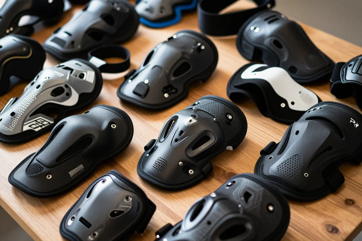 Wybór nakolanników do MTB na drewnianej powierzchni.