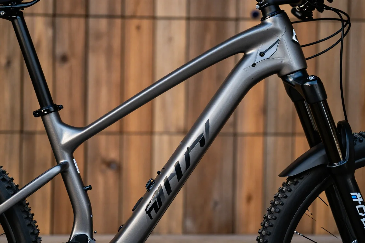 Szczegółowy widok ramy roweru górskiego na tle drewna