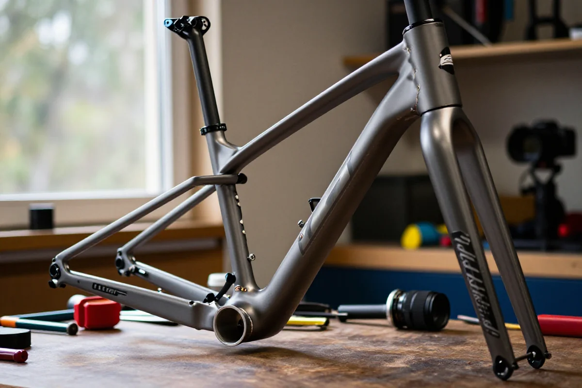 Rama roweru górskiego w warsztacie, szczegóły geometrii i konstrukcji.