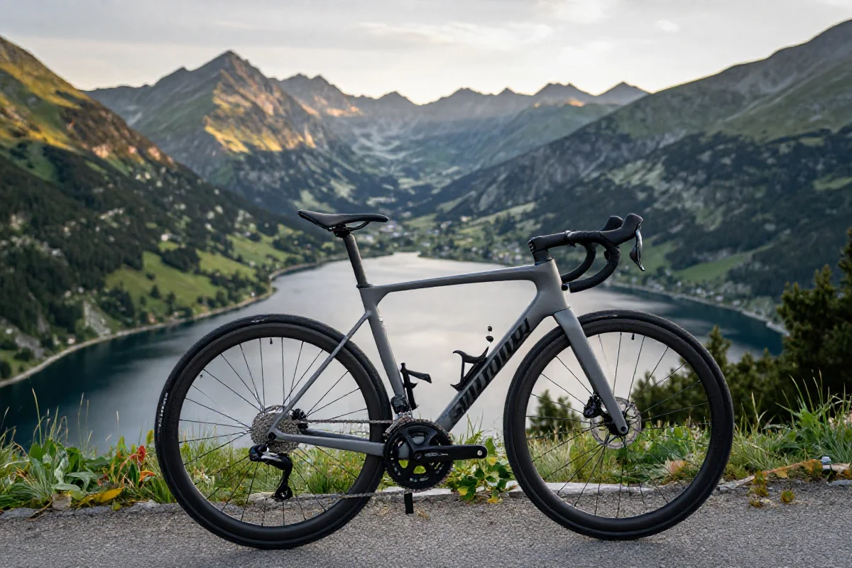Rower szosowy z widokiem na jezioro Morskie Oko w Tatrach.
