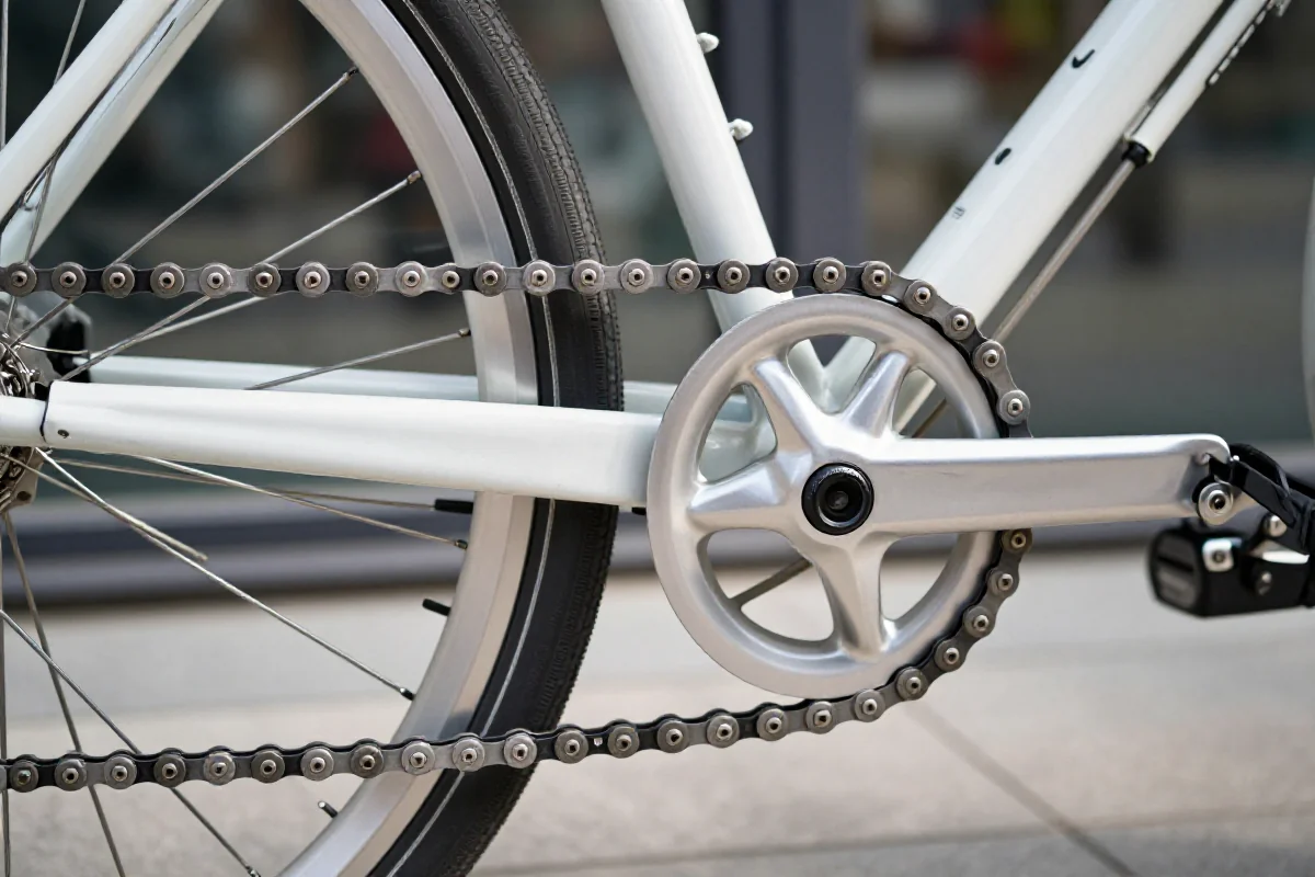 Czyszczenie łańcucha roweru miejskiego w miejskim otoczeniu.