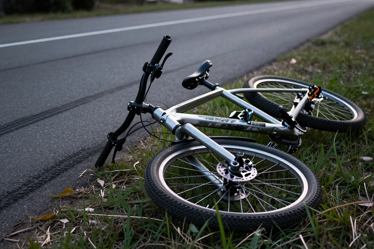 Uszkodzony rower na miejscu wypadku, dokumentacja szkód rowerowych.
