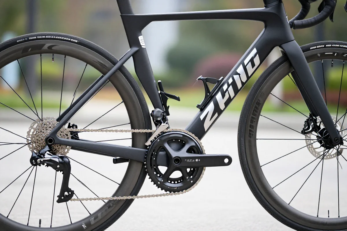 Szczegółowy widok roweru szosowego z nowoczesnymi komponentami i ramą.