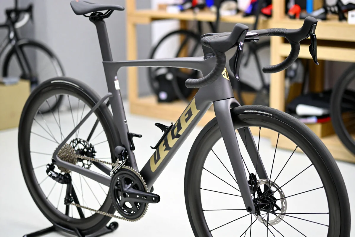 Szczegółowy widok roweru szosowego, ukazujący jego aerodynamiczną konstrukcję.