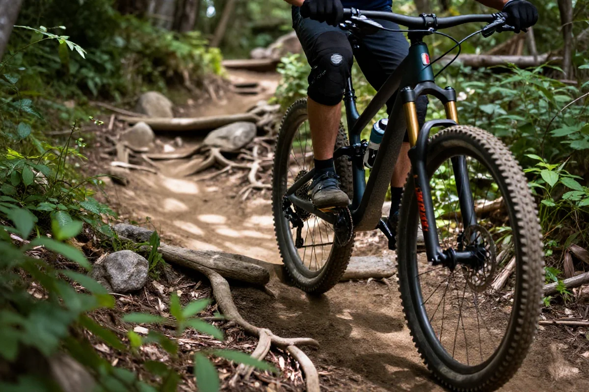 Rower górski na wąskiej trasie singletrack w otoczeniu zieleni