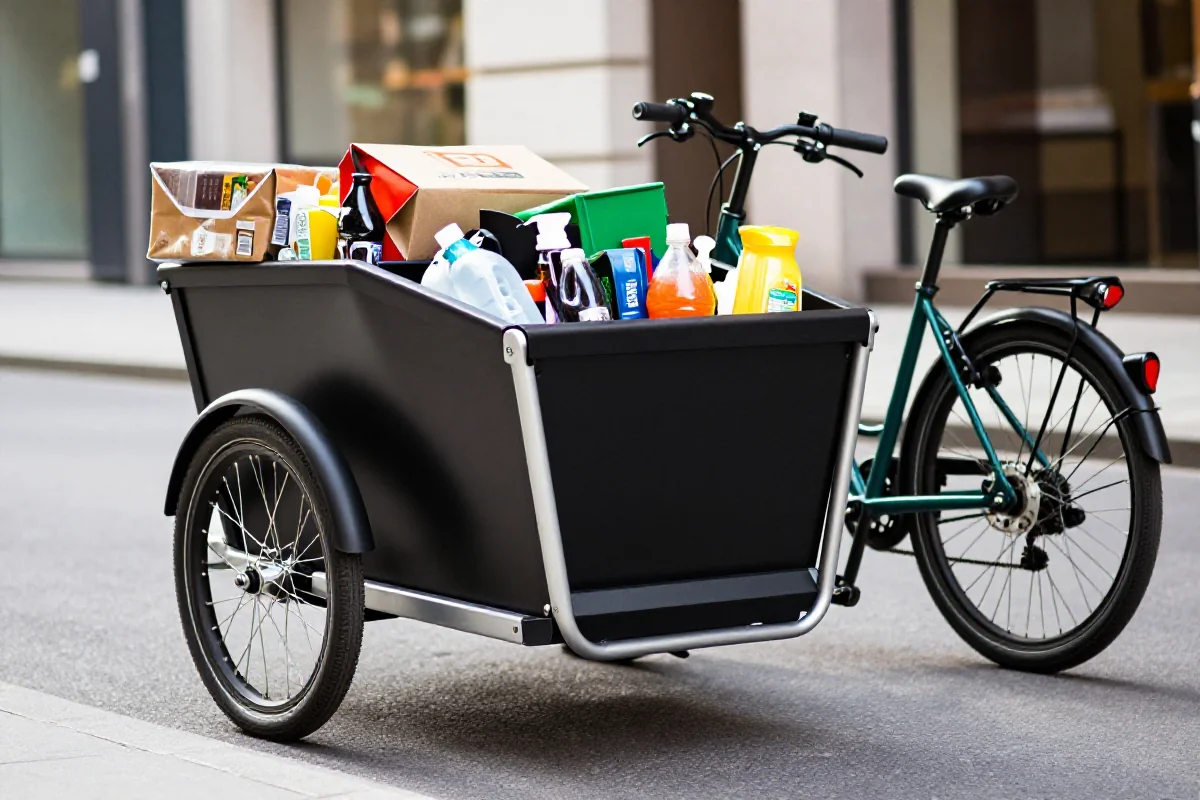 Rowerek cargo załadowany zakupami na ulicy miejskiej.