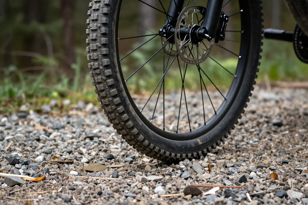 Opona roweru górskiego na luźnym żwirze w lesie.