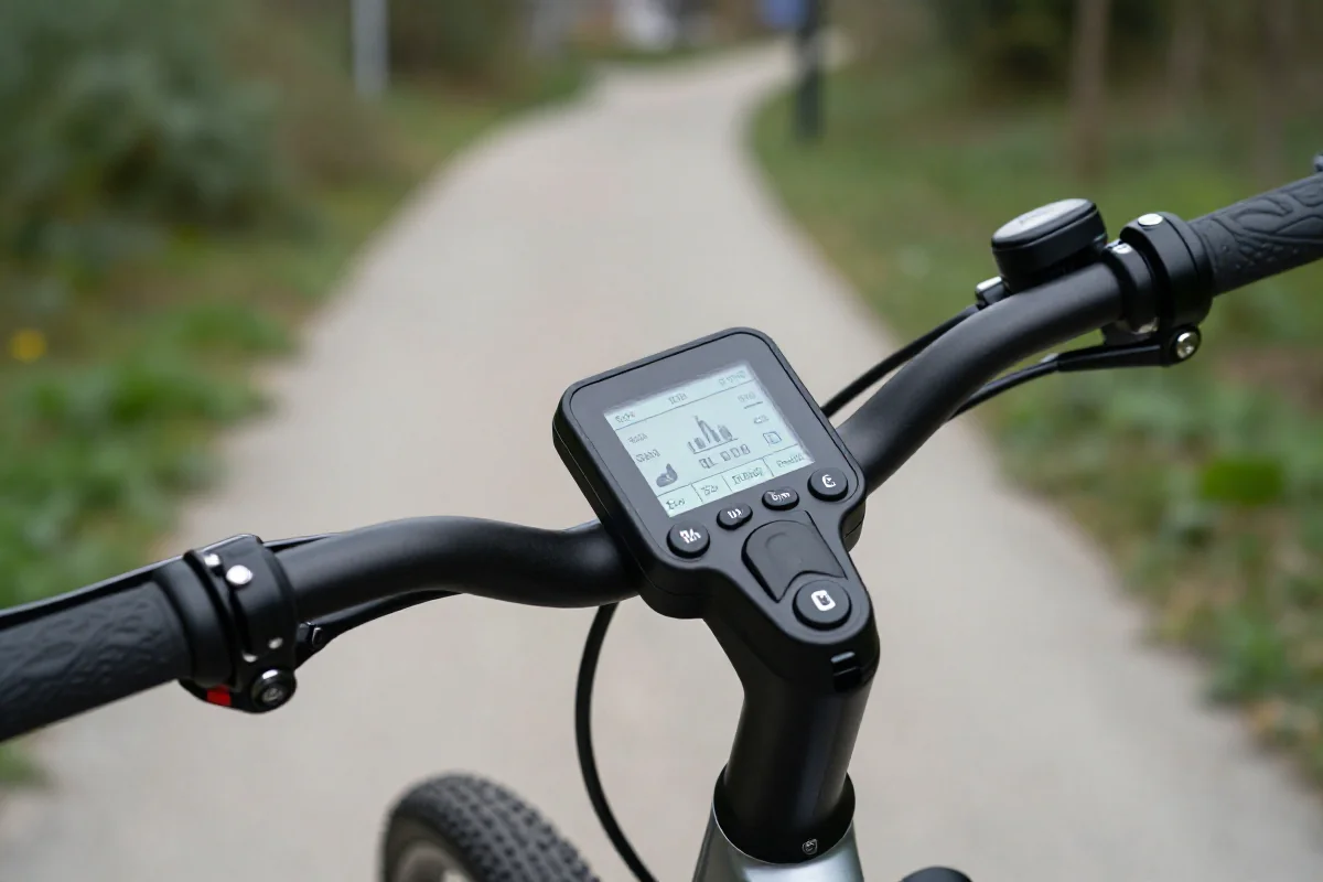 Panel sterowania roweru elektrycznego z trybami wspomagania na ścieżce rowerowej.