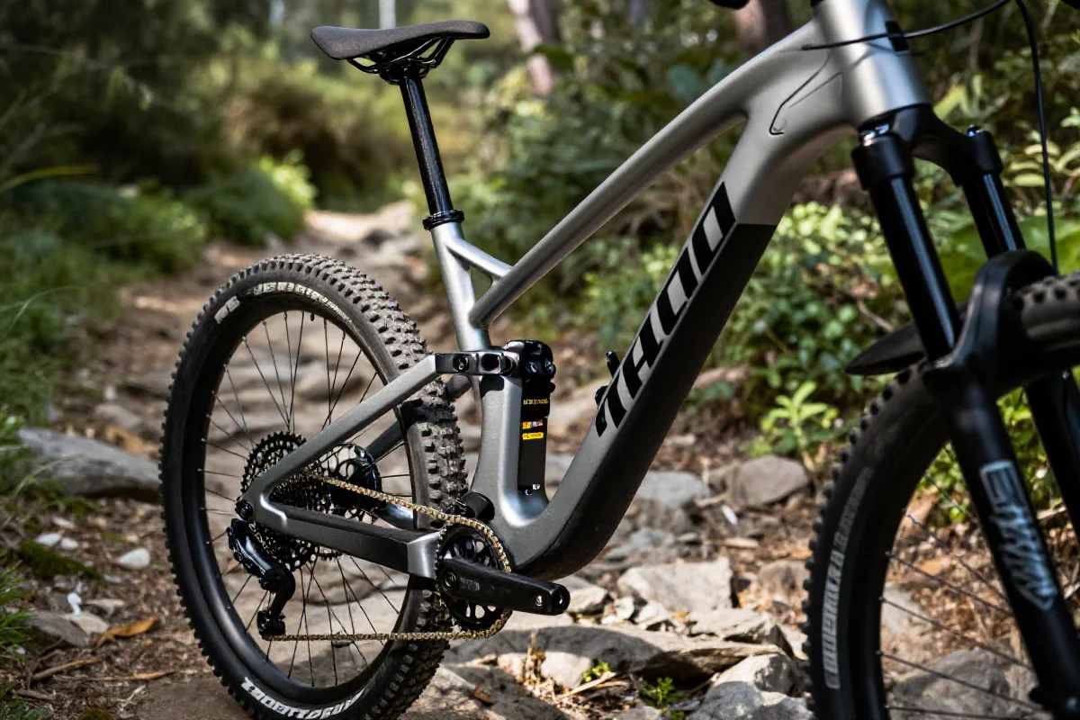 Szczegółowy widok ramy roweru górskiego z pomiarami reach i stack