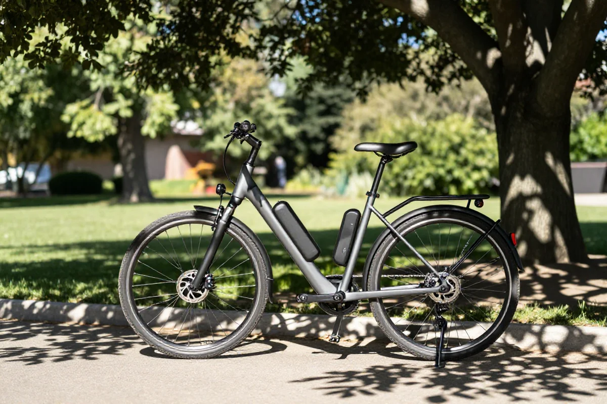 Rower elektryczny w cieniu drzewa w słonecznym parku