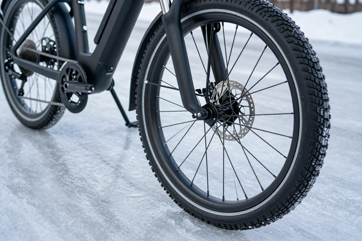 Rower elektryczny na oblodzonej drodze, idealny do jazdy zimą.
