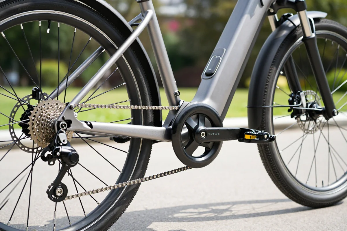 Szczegóły komponentów roweru elektrycznego, w tym rama, zębatki i hamulce.